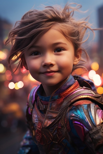 Little girl in futuristic armor smiling