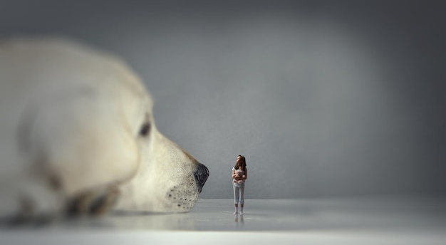 Little girl and giant dog. Mixed media