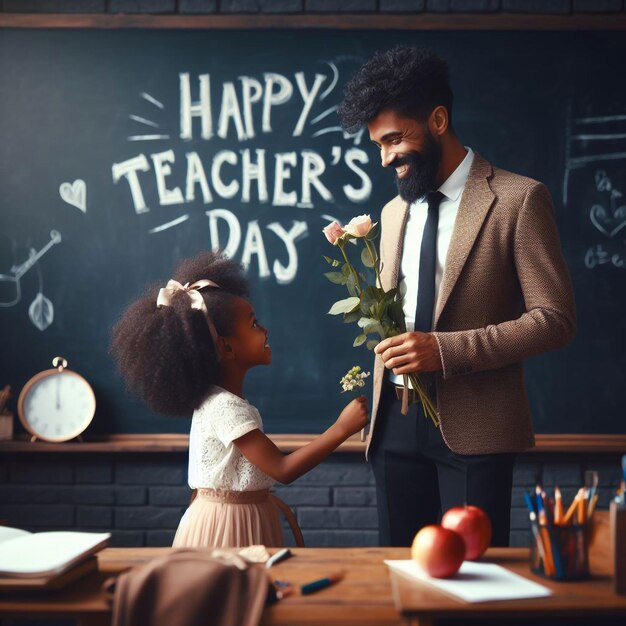 Little girl gives flowers to her teacher on Teacher's Day