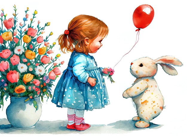 Little girl gives a red ballon to the rabbit Watercolor illustration nursery art