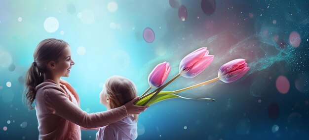 little girl giving pink tulips flowers to her mom on mother39s day in front of blue abstract background