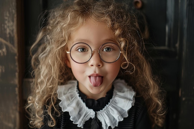 Photo little girl in glasses making funny face