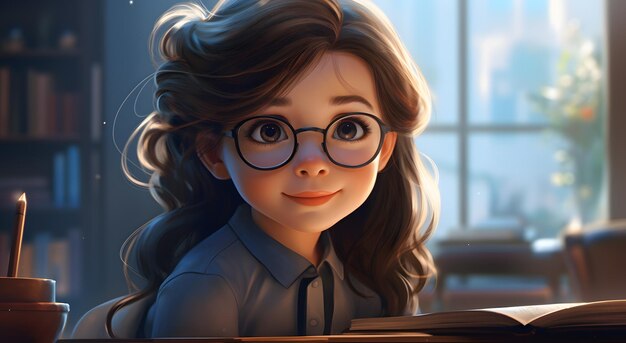 Little girl in glasses smiling in front of blackboard