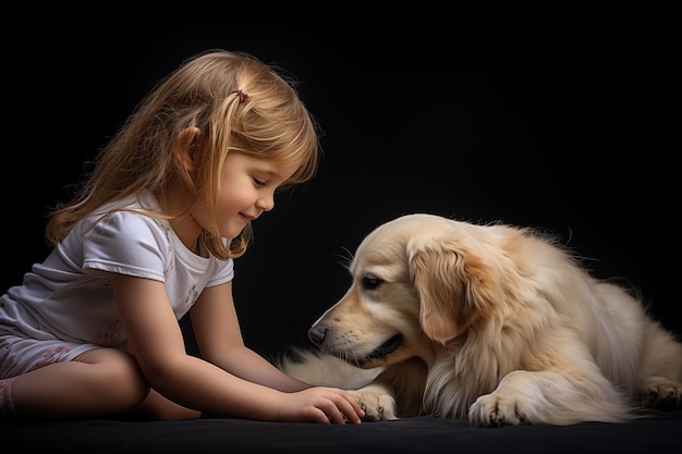 黒い背景の小さな女の子とゴールデンレトリバーの犬 スタジオ撮影