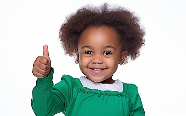 A little girl in a green dress giving a thumbs up.