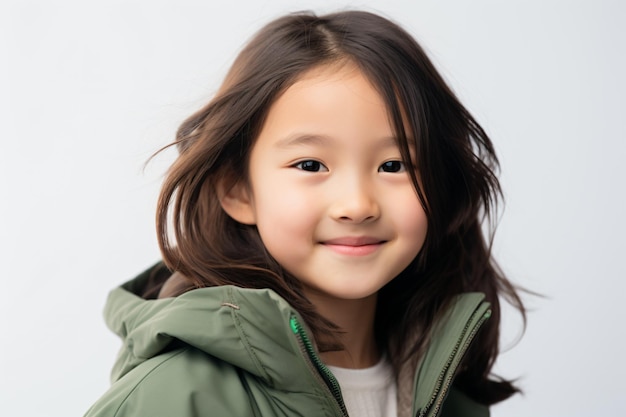 a little girl in a green jacket smiling