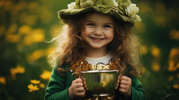 Little girl in a green leprechaun costume with gold coins in a golden pot on a yellow flower field