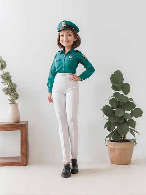 a little girl in a green shirt and white pants stands on a white table next to a pot