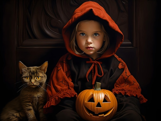 A little girl in a halloween costume sits next to a pumpkin