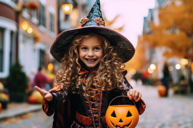 ハロウィーンの衣装を着た小さな女の子が手に南瓜を持っています