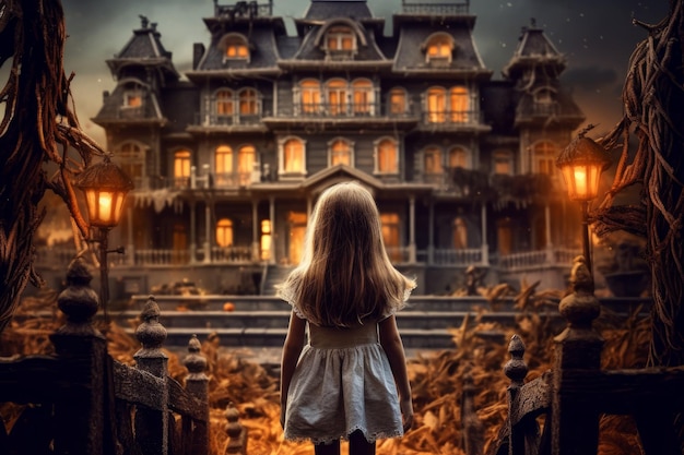 Little girl halloween house Generate Ai