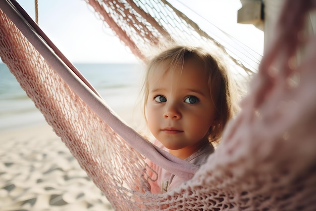 A little girl in a hammock on the beach