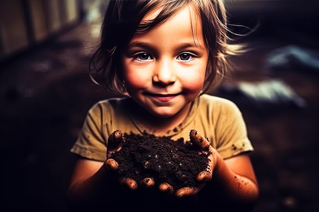 土壌環境アースデイジェネレーティブAIで成長する植物を持っている小さな女の子の手