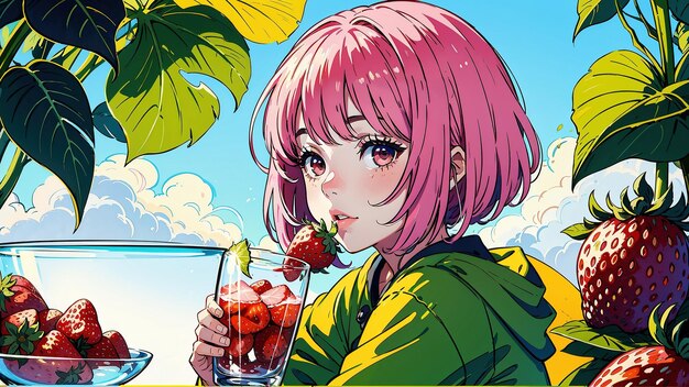 A little girl happily eating strawberries by AI