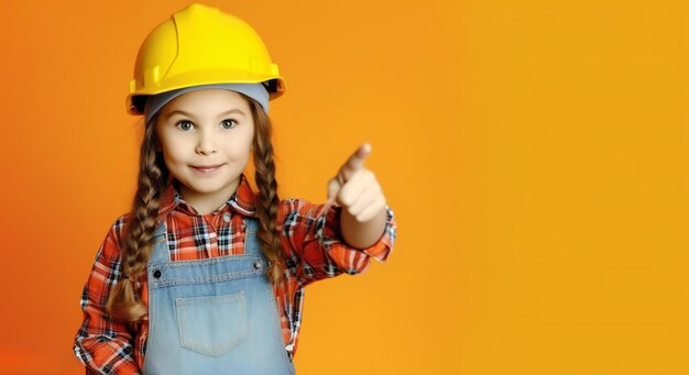 Little girl in a hard hat points to your advertisement on yellow background with copy space