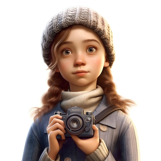 Photo little girl in a hat and coat with a camera on a white background