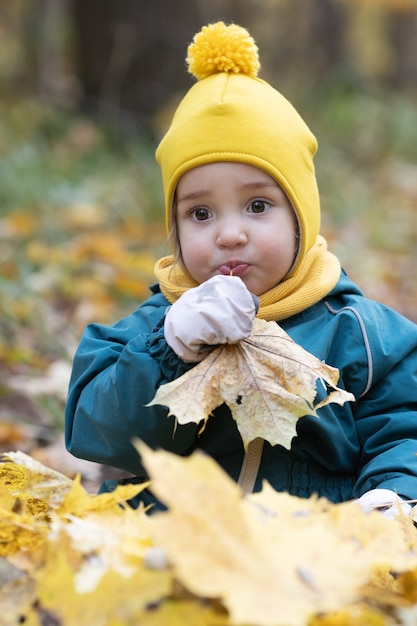 写真 黄色の葉に座っている秋の森の子供を楽しんでいる少女