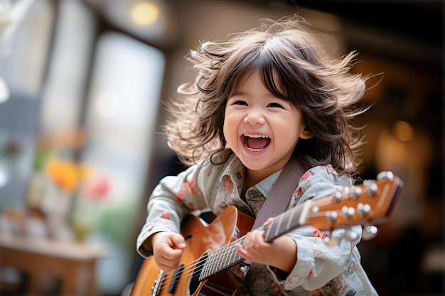 Маленькая девочка весело играет на гитаре в гостиной