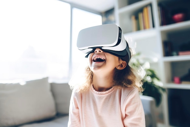 집에서 VR 안경을 사용하여 즐거운 시간을 보내는 어린 소녀