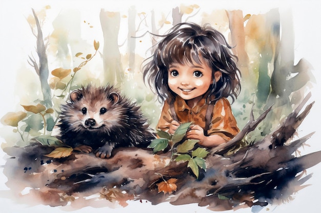 Little girl and hedgehog in the autumn forest Watercolor painting