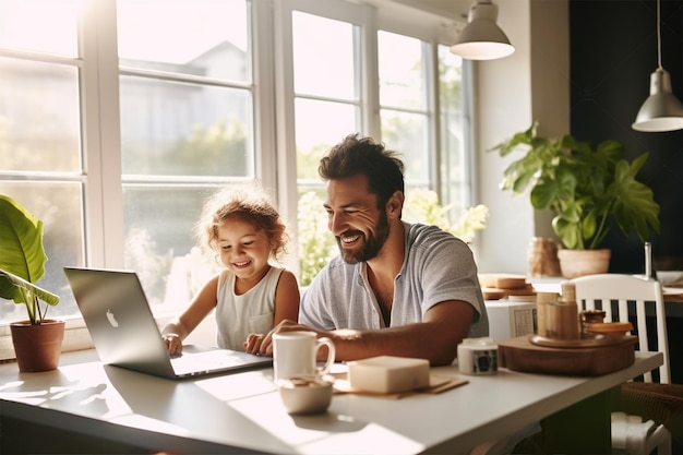 Photo a little girl and her dad are sitting near a laptop an educational activity for a child