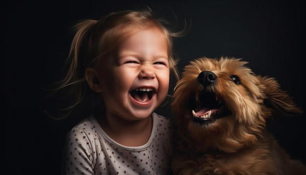 A little girl and her dog are smiling and laughing.