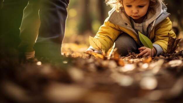 小さな女の子と母親が葉の中で遊んでいます ⁇ 