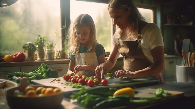 Foto la bambina e sua madre stanno preparando cibo sano in cucina.