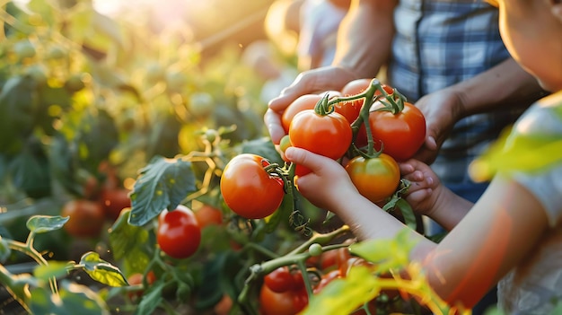 Little girl and her mother picking fresh ripe tomatoes from the vine in the garden