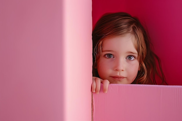 Photo little girl hiding in pink corner