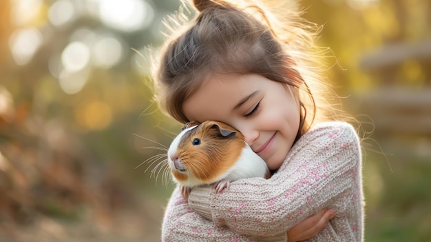 写真 腕に可愛いガニアピギを抱いた小さな女の子