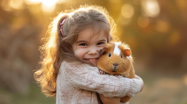 사진 사랑스러운 기니피그를 품에 안고 있는 어린 소녀