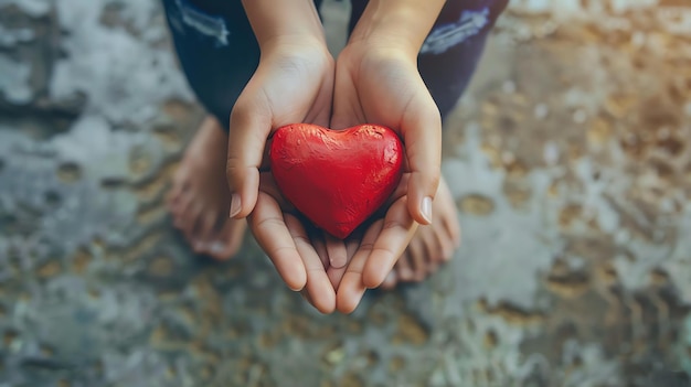 Фото Маленькая девочка с красным сердцем в руках понятие любви милосердия и доброты