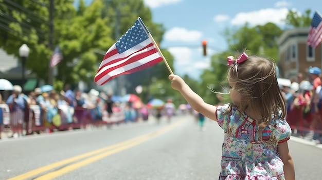 Little girl holding an American flag at a parade She is wearing a blue dress with white stars and red stripes