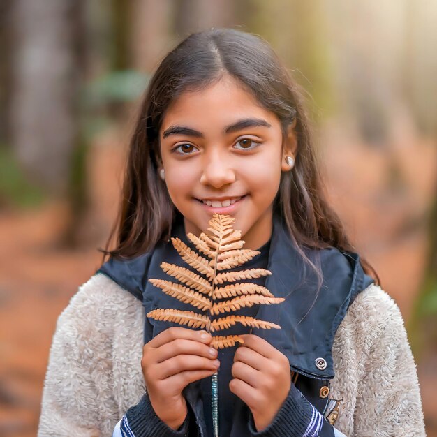 Photo little girl holding an autumn leaf while looking at the camera and smiling sustainability concept