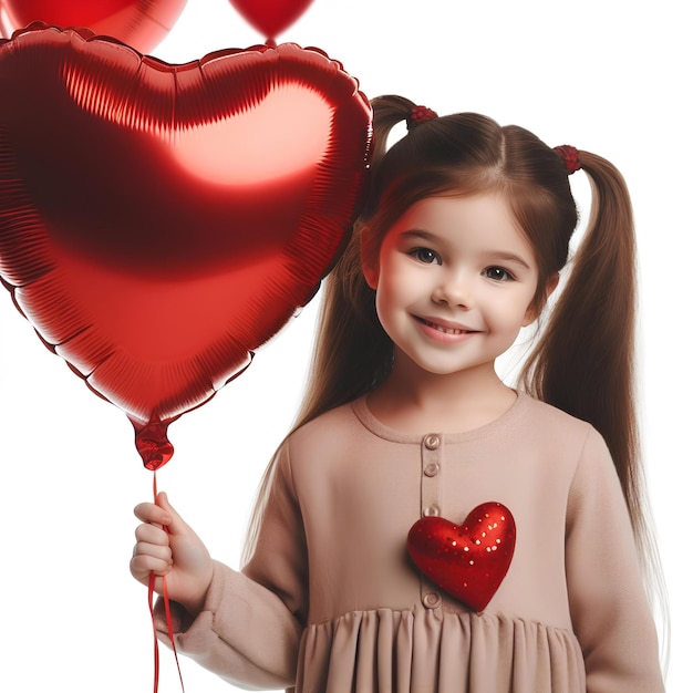 little girl holding balloon red heart shape isolated on white background