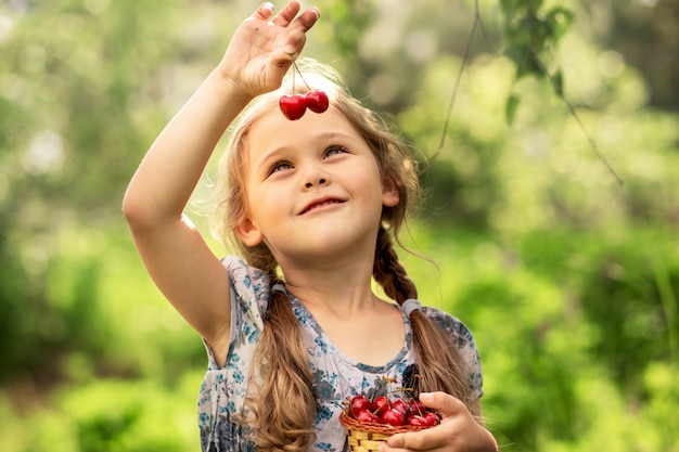 little girl holding a basket of cherries on nature in summer