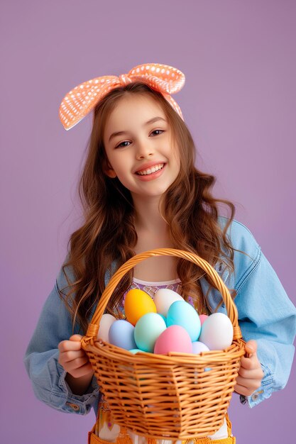 Photo a little girl holding a basket of eggs