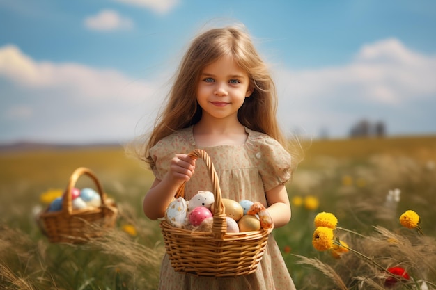 Little girl holding a basket with Easter eggs outdoors on spring day By generative Ai