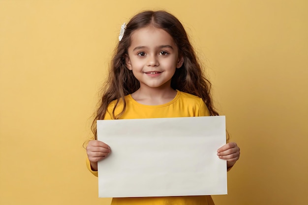 Little girl holding a blank sheet of paper on a yellow background