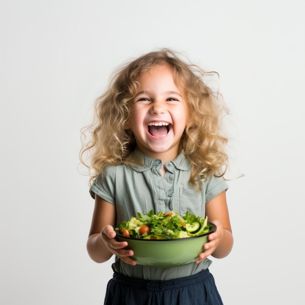 a little girl holding a bowl of salad