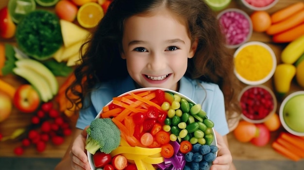 Photo a little girl holding a bowl of vegetables