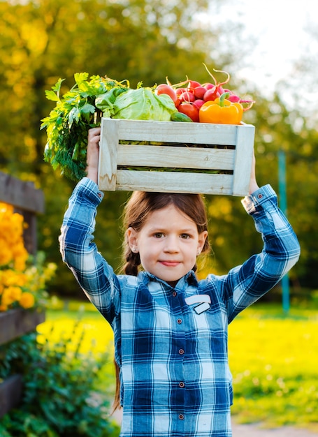 Little girl holding box of fresh organic vegetables