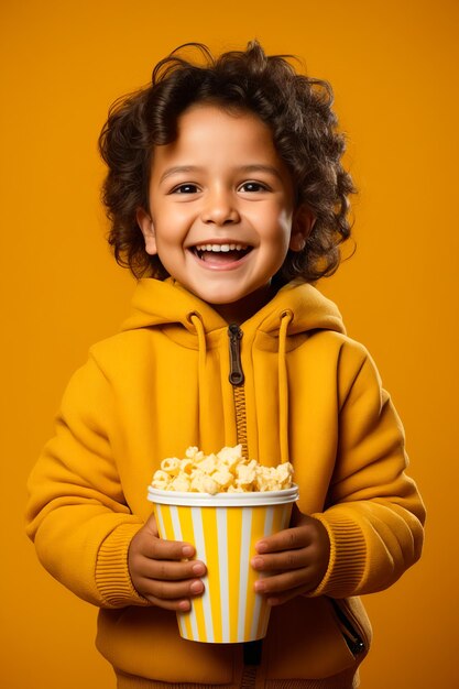 Little girl holding bucket of popcorn and smiling at the camera generative ai