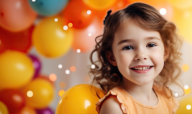 A little girl holding a bunch of balloons