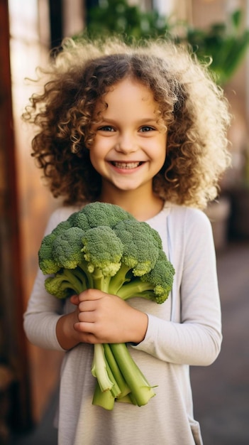 a little girl holding a bunch of broccoli