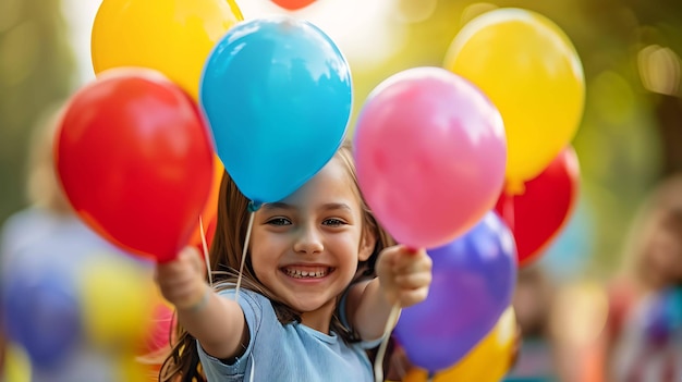 Little girl holding a bunch of colorful balloons She is smiling and looking at the camera The background is blurred