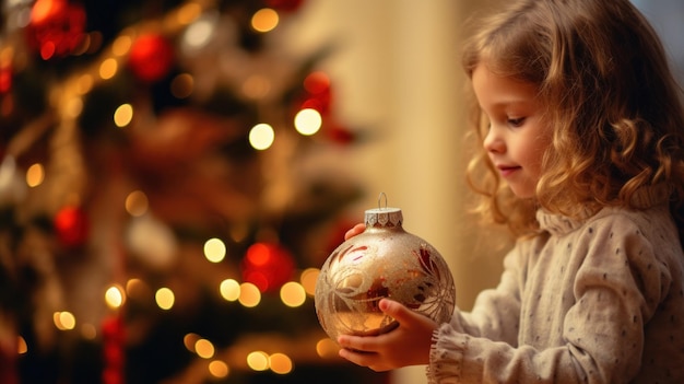 A little girl holding a christmas ornament in front of the tree ai