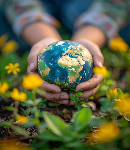 Photo little girl holding the earth in her hands