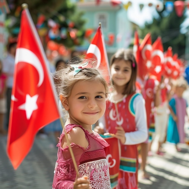 a little girl holding a flag in a parade with a flag in the background